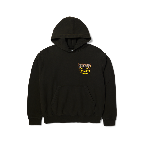 HUF x Thrasher Meltdown Heavyweight Hoodie – zwarte hoodie met vulkanische Thrasher-print op de rug en HUF-logo op de borst, gemaakt van heavyweight katoenfleece