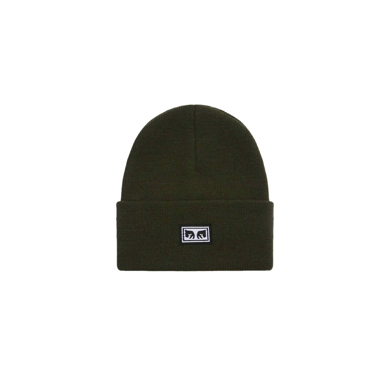 Obey Icon Eyes Beanie Kombu Green – groene gebreide muts met Obey Eyes-logo patch op de omslag