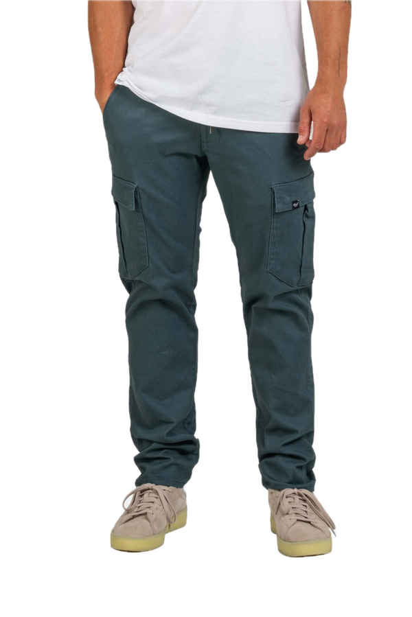 Reell Reflex Easy Cargo Steel Blue – tapered fit cargobroek in staalblauw Flex Twill met elastische tailleband en dubbele cargozakken