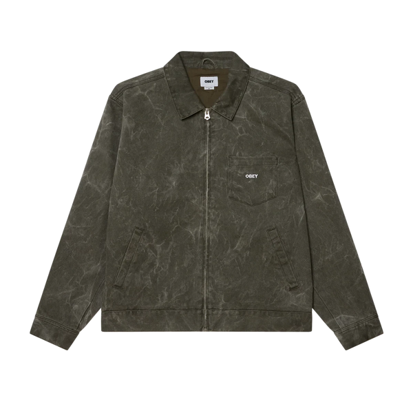 Obey Workman Zip Jacket Black Olive Wrinkle Wash – heavy denim workwear jas met ritssluiting en verstelbare tailleband