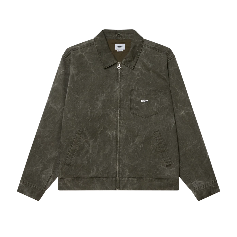 Obey Workman Zip Jacket Black Olive Wrinkle Wash – heavy denim workwear jas met ritssluiting en verstelbare tailleband