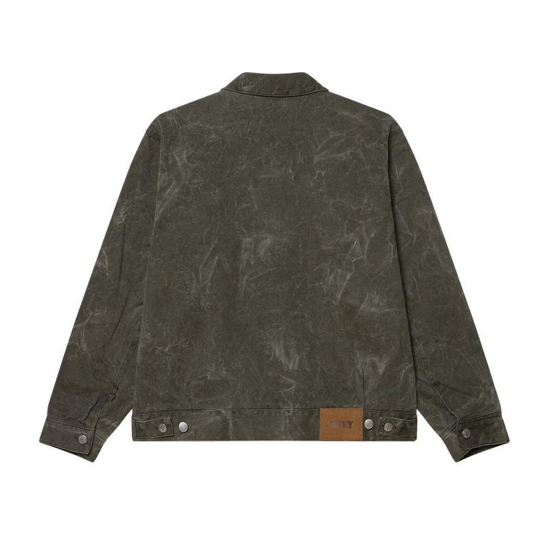 Obey Workman Zip Jacket Black Olive Wrinkle Wash – heavy denim workwear jas met ritssluiting en verstelbare tailleband