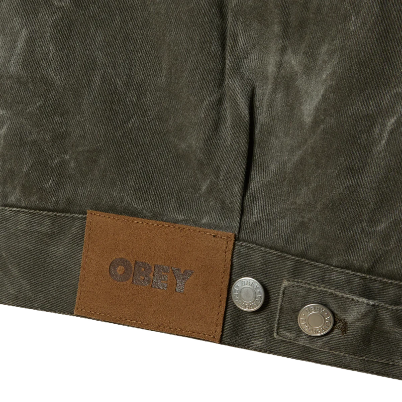 Obey Workman Zip Jacket Black Olive Wrinkle Wash – heavy denim workwear jas met ritssluiting en verstelbare tailleband