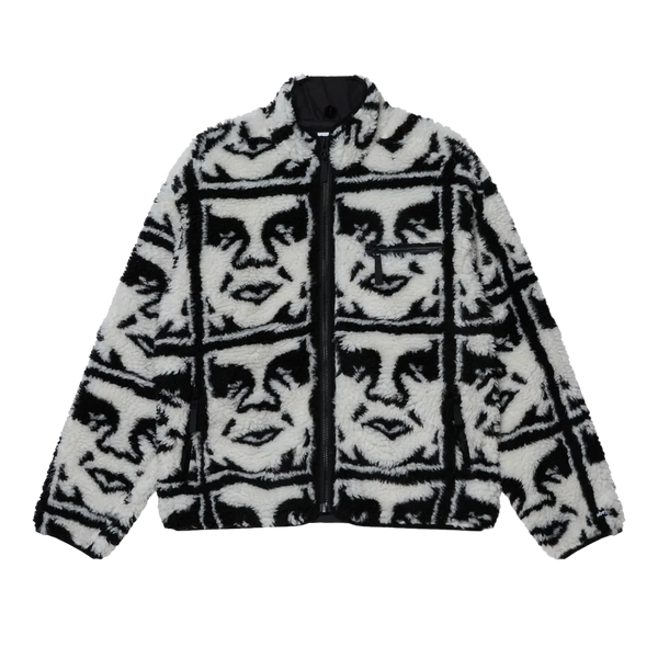 Obey Repeated Icon Sherpa Jacket Black Multi – fleece jas met all-over Obey Icon print