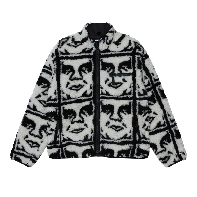 Obey Repeated Icon Sherpa Jacket Black Multi – fleece jas met all-over Obey Icon print