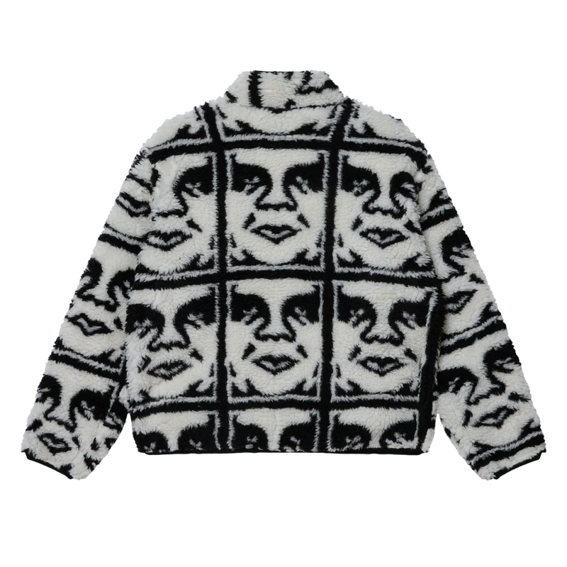 Obey Repeated Icon Sherpa Jacket Black Multi – fleece jas met all-over Obey Icon print