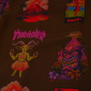 HUF x Thrasher Hawaiian Shirt – bruin overhemd met all-over HUF x Thrasher-print van tiki-maskers, vulkanen en dansers, gemaakt van zachte rayonstof