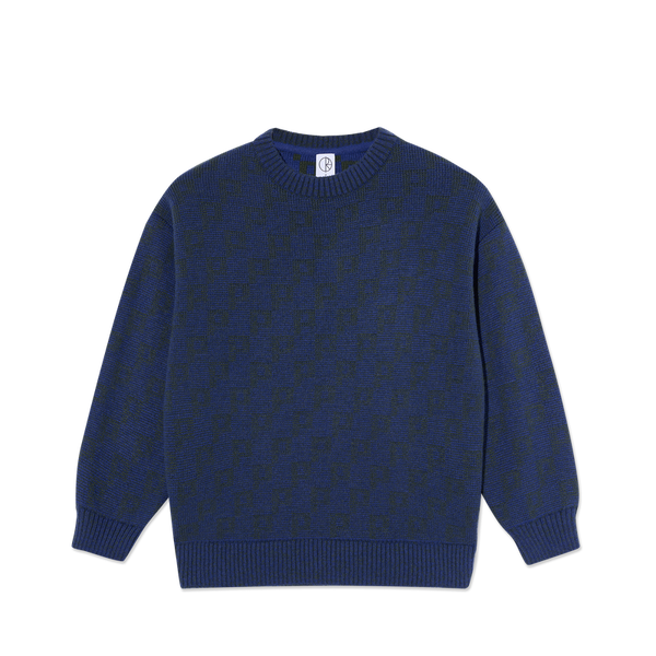 Polar Skate Co George Sweater P Pattern Blue Green – gebreide trui van wolmix met all-over ‘P’ patroon in blauwe en groene tinten.