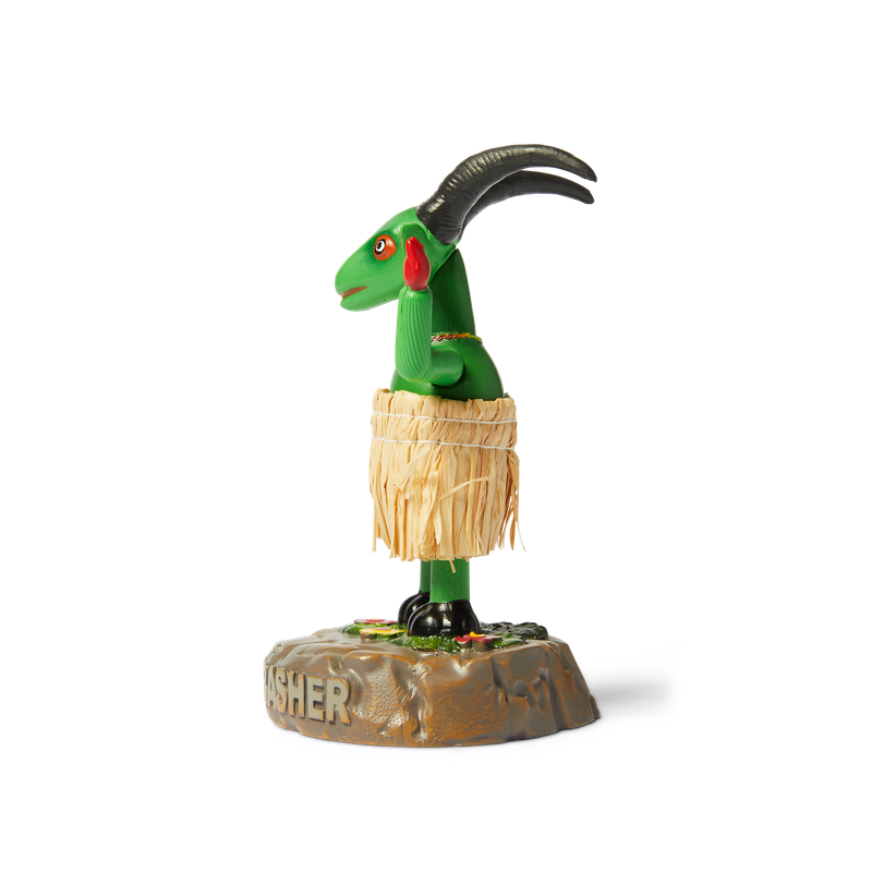 HUF x Thrasher Hula Goat – groene dansende geit met rieten rok op HUF THRASHER-basis, limited edition collab collectible