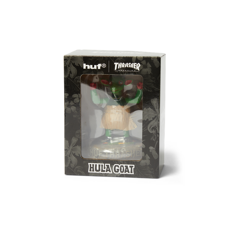 HUF x Thrasher Hula Goat – groene dansende geit met rieten rok op HUF THRASHER-basis, limited edition collab collectible