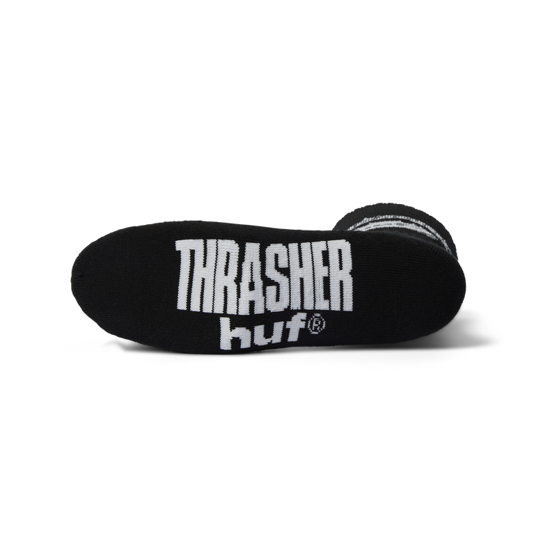 HUF x Thrasher Logo Sock – crew sokken met jacquard HUF x Thrasher-logo, verkrijgbaar in zwart en wit, gemaakt van zachte katoenblend