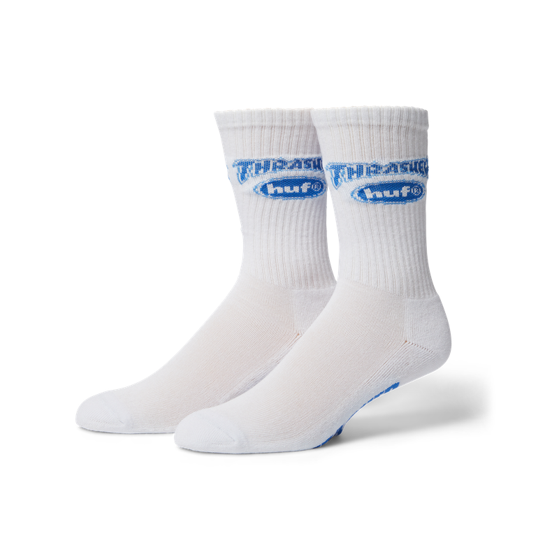 HUF x Thrasher Logo Sock – crew sokken met jacquard HUF x Thrasher-logo, verkrijgbaar in zwart en wit, gemaakt van zachte katoenblend