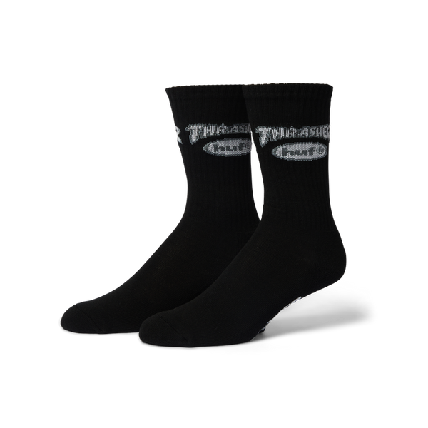 HUF x Thrasher Logo Sock – crew sokken met jacquard HUF x Thrasher-logo, verkrijgbaar in zwart en wit, gemaakt van zachte katoenblend