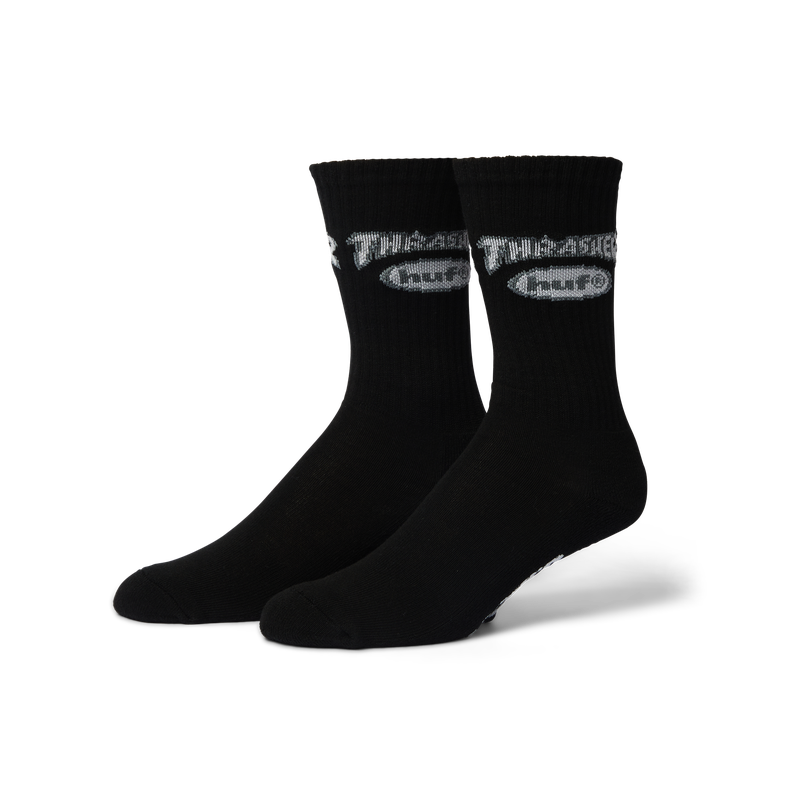 HUF x Thrasher Logo Sock – crew sokken met jacquard HUF x Thrasher-logo, verkrijgbaar in zwart en wit, gemaakt van zachte katoenblend