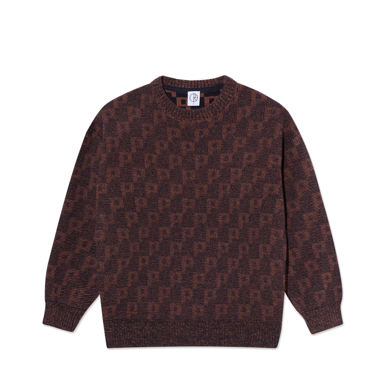 Polar Skate Co George Sweater P Pattern Navy Orange – gebreide trui van wolmix met all-over ‘P’ patroon in navy en oranje kleuren.