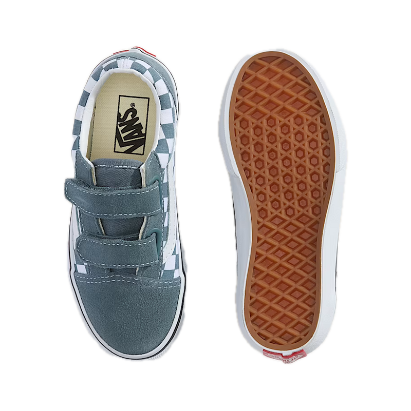 Vans Old Skool Velcro Color Theory Checkerboard Stormy Weather Junior – junior sneaker met klittenbandsluiting, stormy weather blauw en checkerboard-details