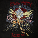 HUF x Thrasher Trucker Jacket – zwart denim jack met grote Thrasher-print op de rug en subtiel HUF-logo, ritssluiting en klassieke trucker-fit