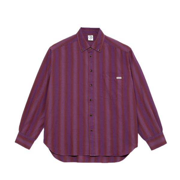 Polar Skate Co Ben LS Shirt Purple Stripe – loose fit langemouwen shirt in paarse strepen met knoopsluiting en subtiele branding
