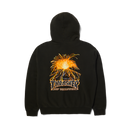 HUF x Thrasher Meltdown Heavyweight Hoodie – zwarte hoodie met vulkanische Thrasher-print op de rug en HUF-logo op de borst, gemaakt van heavyweight katoenfleece