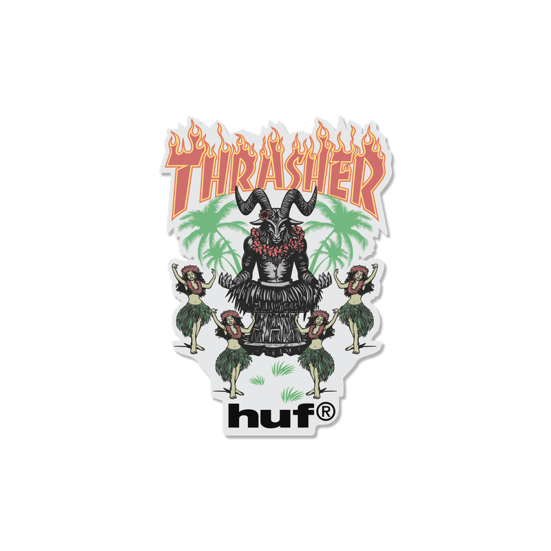 HUF x Thrasher Goat Luau Sticker – tropische vinyl sticker met dansende geit, Thrasher-logo en kleurrijk HUF-design