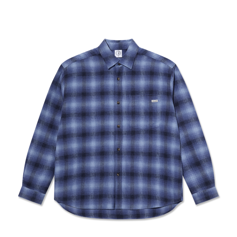 Polar Skate Co Mitchell LS Shirt Shadow Check – longsleeve overshirt van katoenmix met zwart-grijze ruitprint en borstzak met Polar-label.