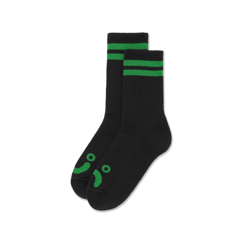 Polar Skate Co Rib Socks Happy Sad Black Green – ribgebreide sokken van katoenmix met Happy Sad-logo en zwarte kleur met groene details.