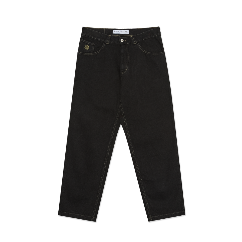 Polar Skate Co '93! Pants Contrast Stitching Black Dark Olive – denim broek van 100% katoen met rechte pasvorm, contraststiksels in dark olive en Polar-label.