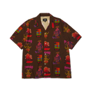 HUF x Thrasher Hawaiian Shirt – bruin overhemd met all-over HUF x Thrasher-print van tiki-maskers, vulkanen en dansers, gemaakt van zachte rayonstof