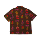 HUF x Thrasher Hawaiian Shirt – bruin overhemd met all-over HUF x Thrasher-print van tiki-maskers, vulkanen en dansers, gemaakt van zachte rayonstof