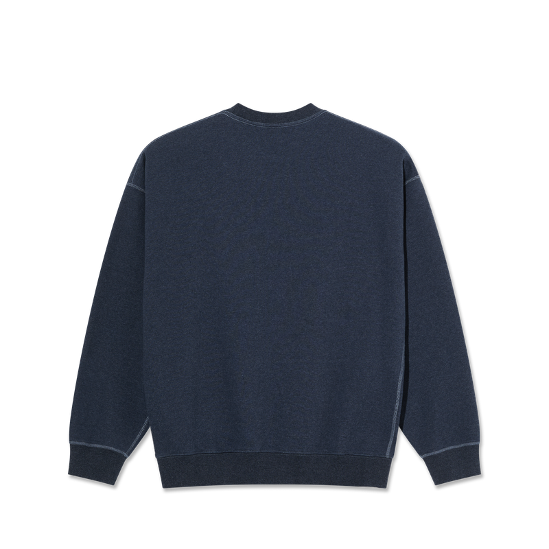 Polar Skate Co Frankie Crewneck Navy Melange – sweatshirt van zware katoenmix met geborstelde binnenzijde en subtiel geborduurd Polar-logo in navy melange kleur.