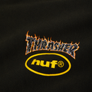 HUF x Thrasher Meltdown Heavyweight Hoodie – zwarte hoodie met vulkanische Thrasher-print op de rug en HUF-logo op de borst, gemaakt van heavyweight katoenfleece