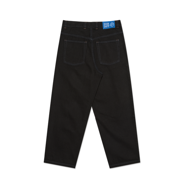 Polar Skate Co Big Boy Pants Black Blue Stitching – denim broek van 100% katoen met losse pasvorm, blauwe stiksels en Big Boy-logo op de coin pocket.