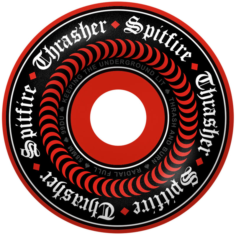 Spitfire x Thrasher Formula Four Oath Radial Full Wheels Red 99D – Thrasher collab skatewielen met Radial Full shape