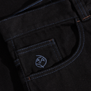 Polar Skate Co Big Boy Pants Black Blue Stitching – denim broek van 100% katoen met losse pasvorm, blauwe stiksels en Big Boy-logo op de coin pocket.