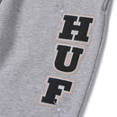 HUF X PLAYBOY RABBIT HEAD FLEECE PANT Grey Heather voorkant HUF logo close-up grijze joggingbroek  Revert95.com