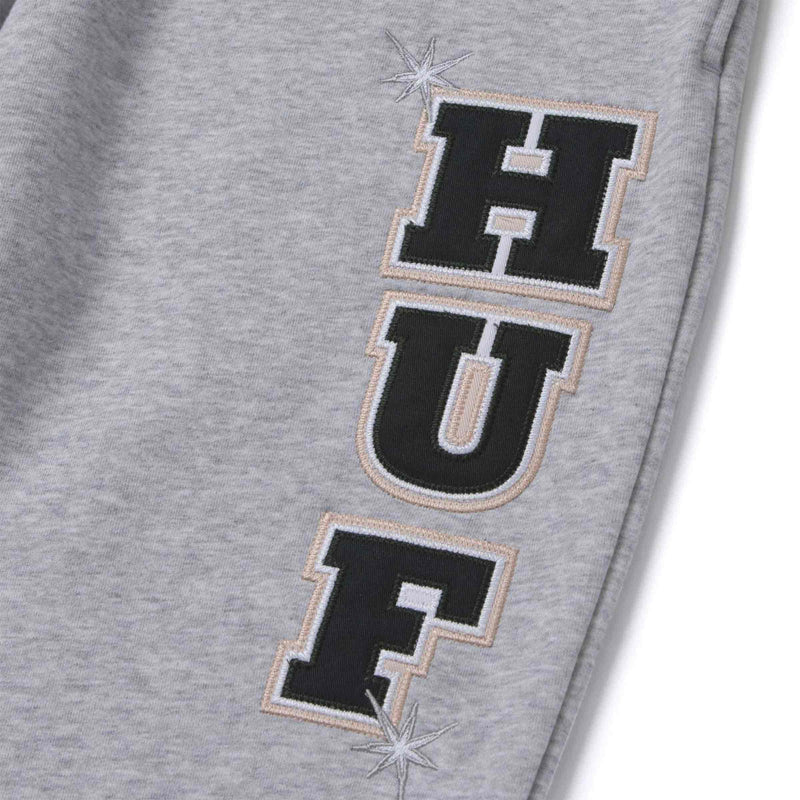 HUF X PLAYBOY RABBIT HEAD FLEECE PANT Grey Heather voorkant HUF logo close-up grijze joggingbroek  Revert95.com